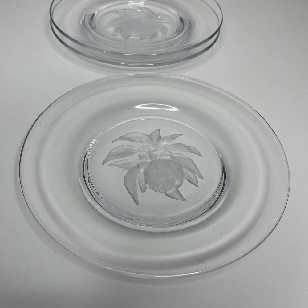(3) Clear Glass w/ Reverse Frosted Etched‎ Engraved Center Salad Plates 7-3/4